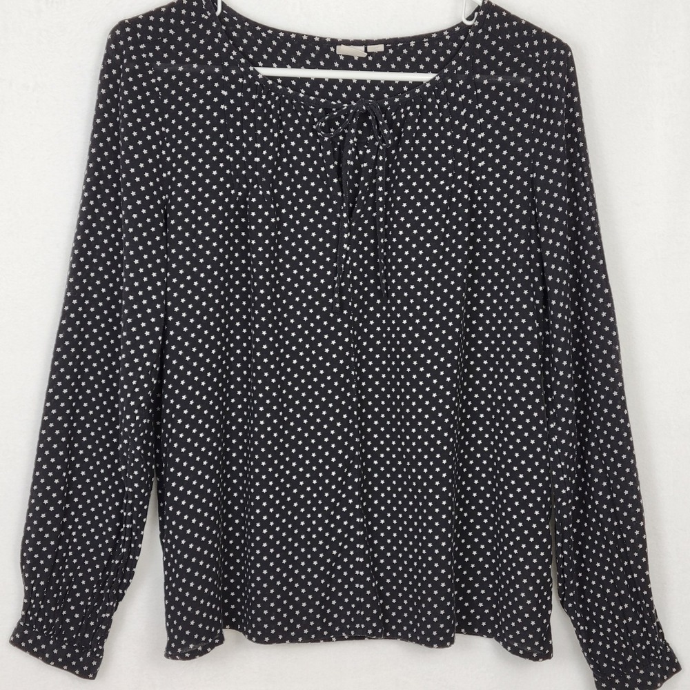 GAP Womens Star Print Tie-Neck Peasant Blouse M Black White Celestial Whimsigoth